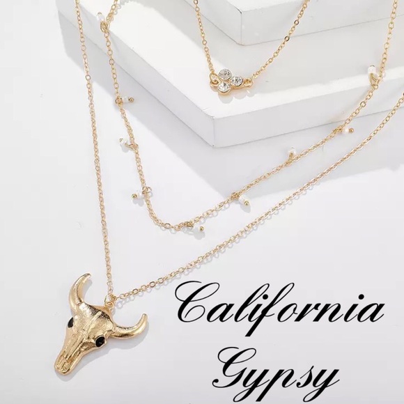 LAST ONE Western Bull skull Rhinestone Layered Necklace - Picture 5 of 5